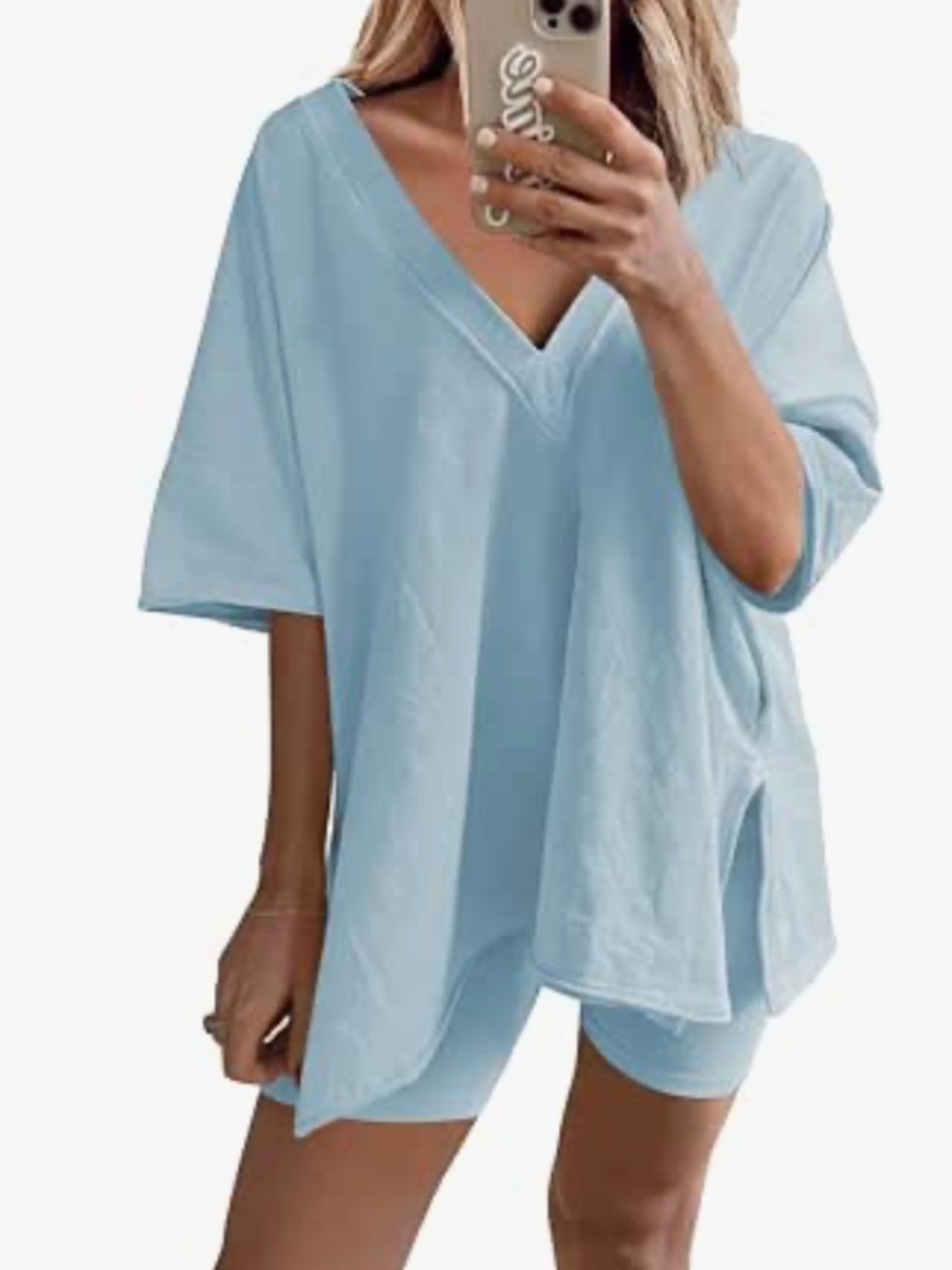 Blue 2 Piece Shorts Set Oversized V Neck T Shirt Biker Shorts SZ SM